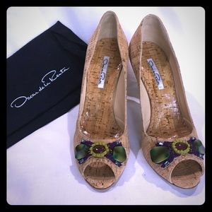 Oscar De La Renta cork peep toe heels